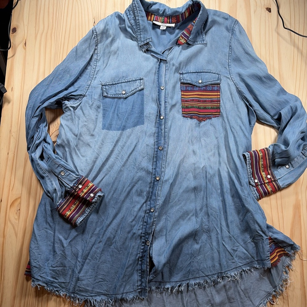 Hilary Radley Womens Light Blue Button-Down Shirt Sz 2X Denim Look Boho Western